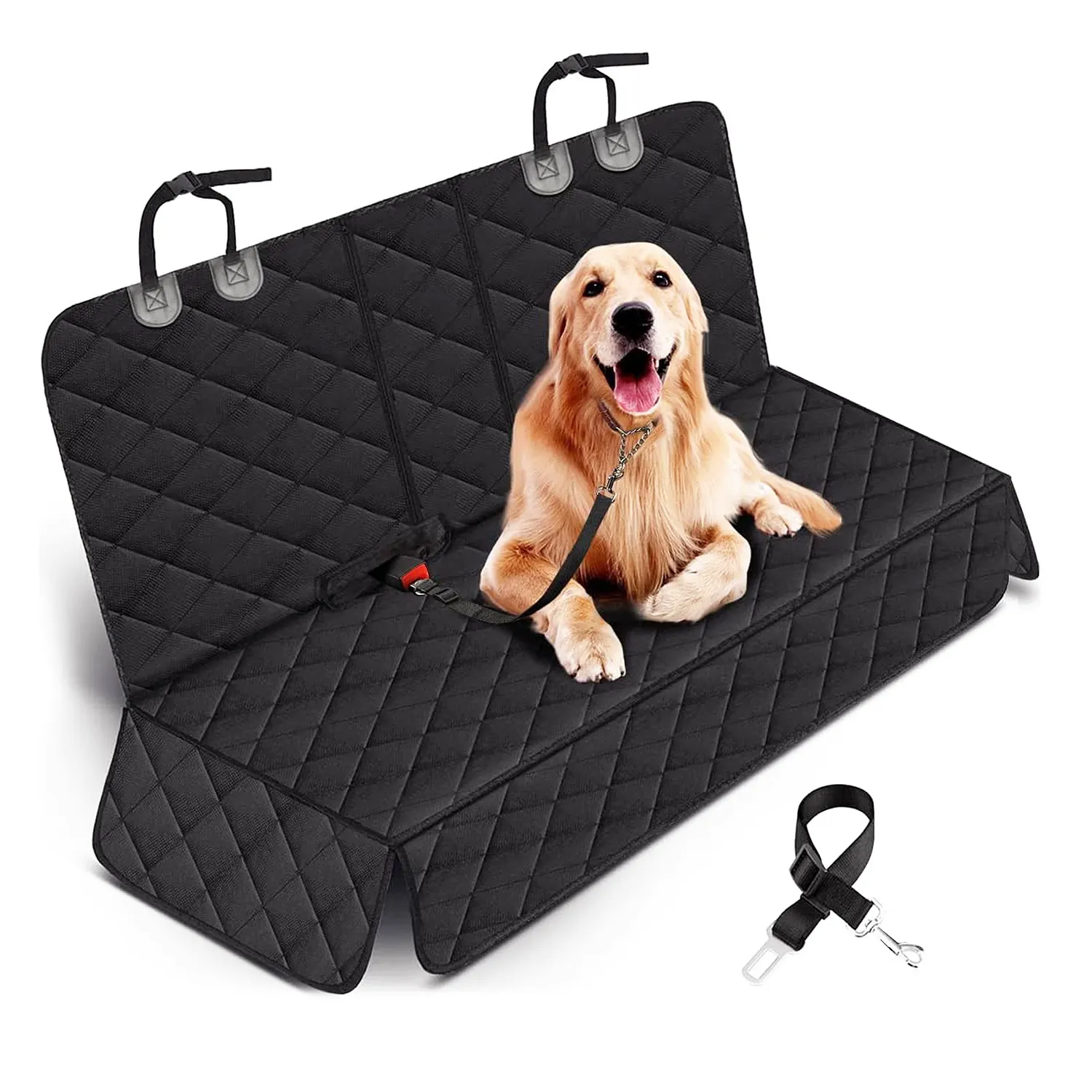 Black quilted dog car seat cover fitted across a back bench seat with a golden retriever sitting on it, safety belt shown alongside